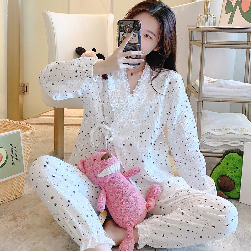 米兰风mdcw月子服夏季薄款产后纯棉纱布5月份孕妇哺乳大码睡衣