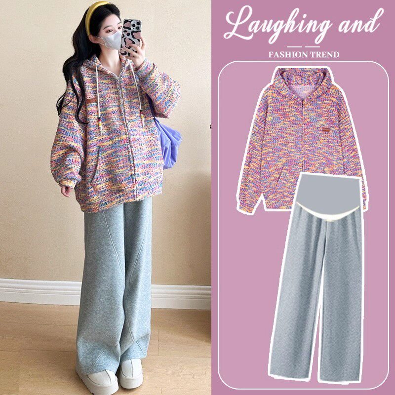 英国DHWA孕妇装秋冬2025新款连帽条纹开衫加厚小个子高级感两件套