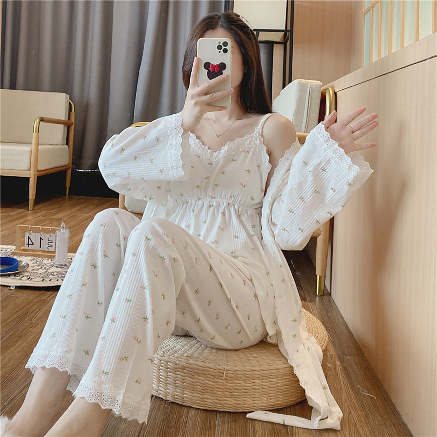 法国Uamtor带胸垫月子服夏季新纯棉三件套产后哺乳睡衣薄款家居服