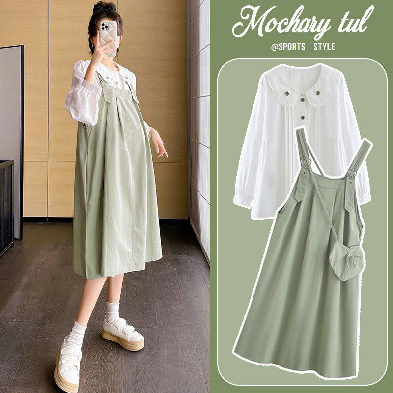 英国DHWA孕妇春装连衣裙大码洋气春秋背带裙套装遮肚子时尚两件套