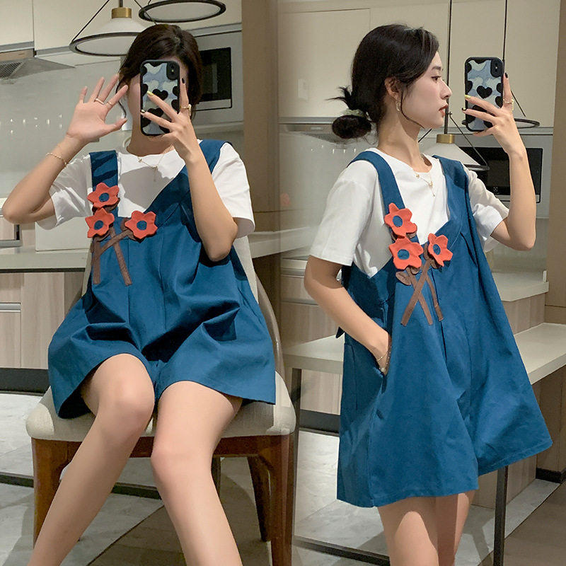 法国G·T孕妇套装夏季花朵不对称背带阔腿短裤女宽松A字显瘦