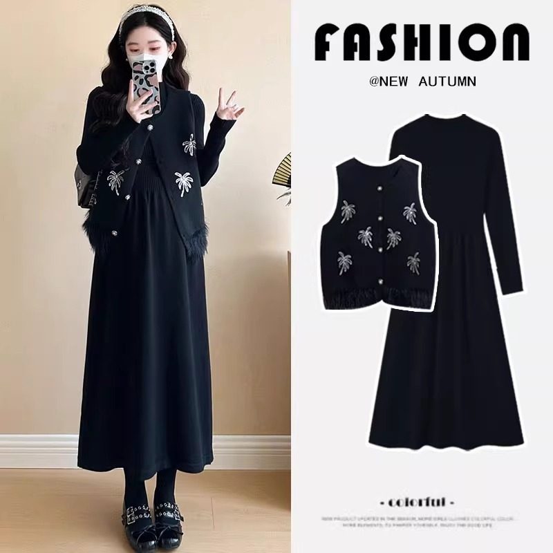 法国Uamtor孕妇连衣裙秋冬季小个子针织毛衣裙高级小香风马甲套装