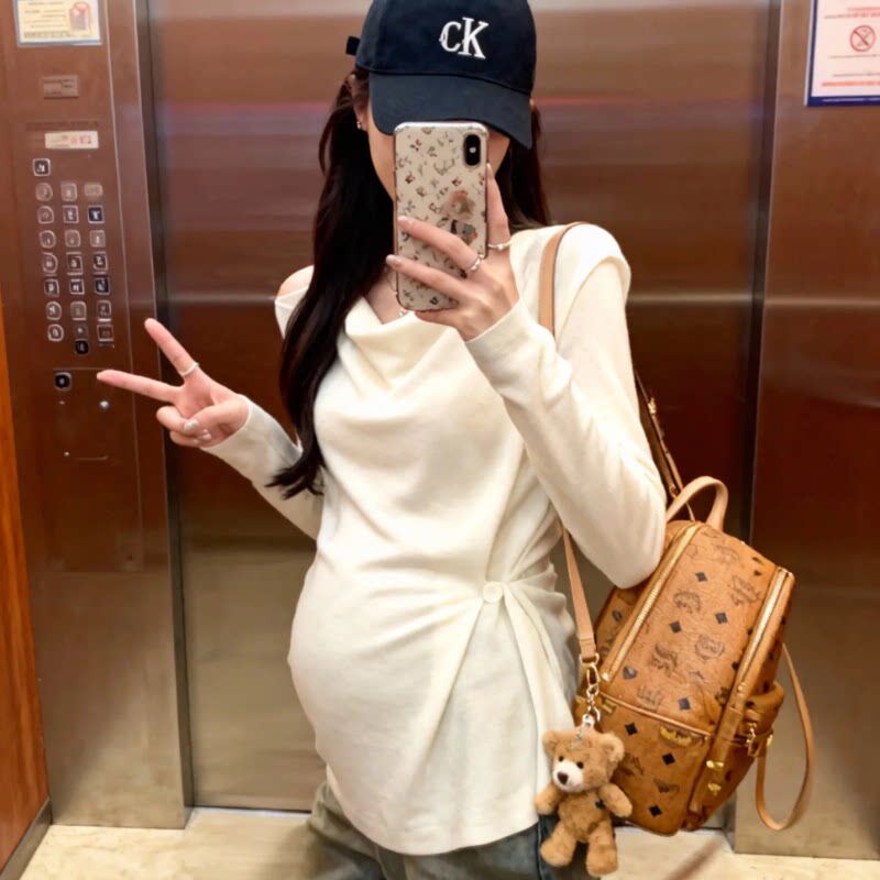 法国G·T孕妇春季新款时尚荡领气质收腰打底衫T恤纯欲高级感上衣