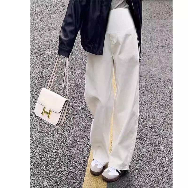 法国Uamtor孕妇裤子2025秋冬新款外穿托腹白色直筒牛仔阔腿长裤子