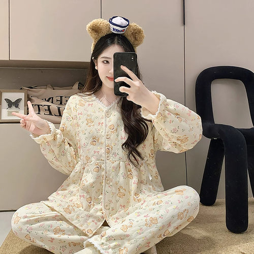 Uamtor月子服空气棉秋冬季新款产后哺乳喂奶孕妇纯棉小熊睡衣套装
