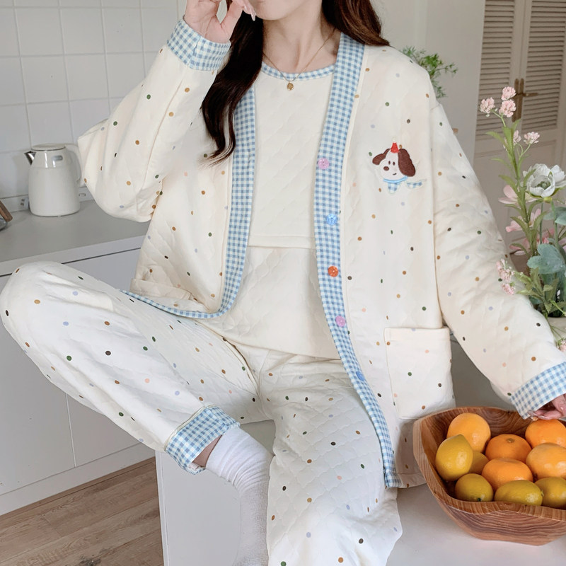 法国Uamtor月子服秋冬季三件套空气棉产后纯棉孕妇睡衣哺乳家居服