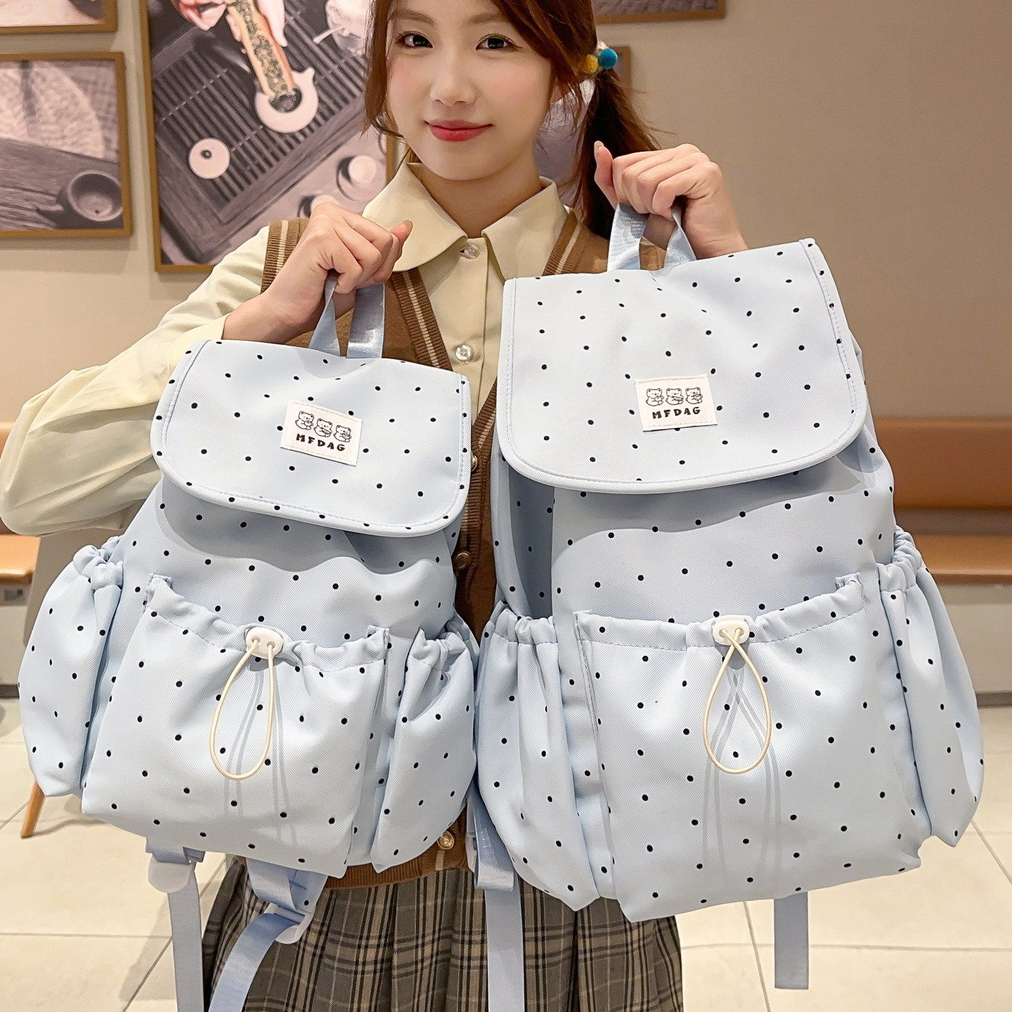 日本lp波点双肩包学生书包女初中生少女心韩系ins小众大容量背包