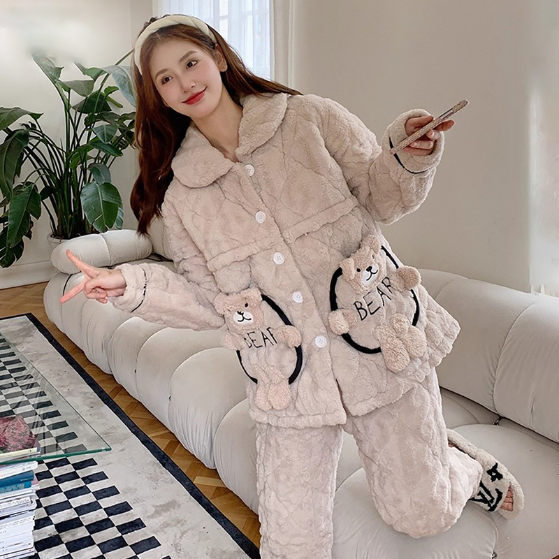 法国Uamtor三层夹棉月子服冬季加绒加厚珊瑚绒孕妇孕期哺乳家居服