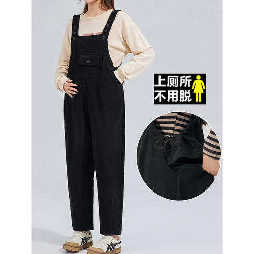 法国Uamtor孕妇背带裤秋冬款2026新款宽松免脱加厚加绒灯芯绒裤子