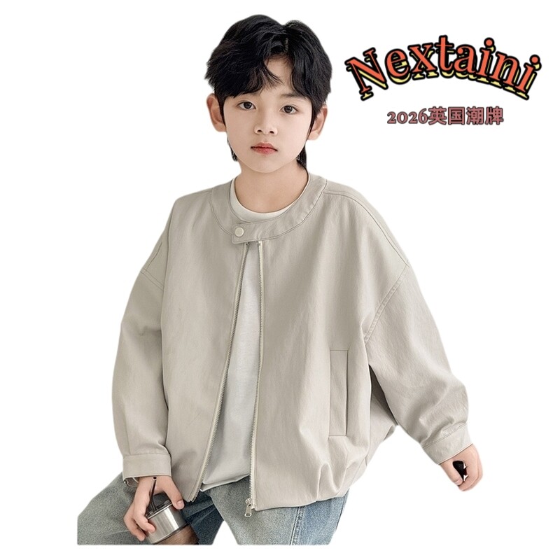 nextaini春季新款男童圆领皮衣外套2026儿童休闲短款男孩时尚夹克