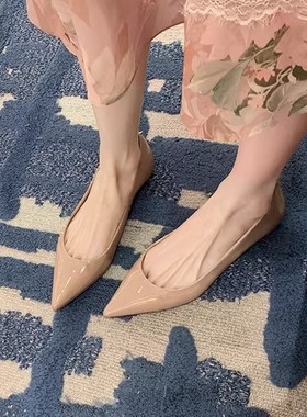 羊皮版~黑色职业平底鞋女春秋2026年新款裸色漆皮尖头浅口单鞋女