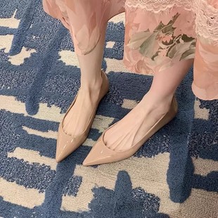 羊皮版~黑色职业平底鞋女春秋2026年新款裸色漆皮尖头浅口单鞋女