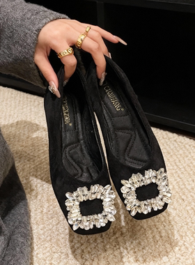 2025年春季新款低跟方头单鞋女绒面水钻方扣职业上班工作鞋女黑色