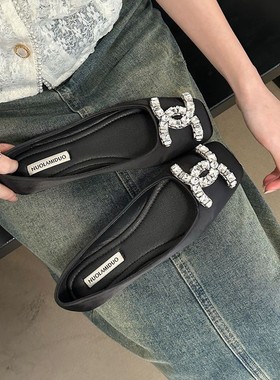 法式2026新款春秋季平底黑色通勤洋气女鞋真丝气质水钻方头工作鞋