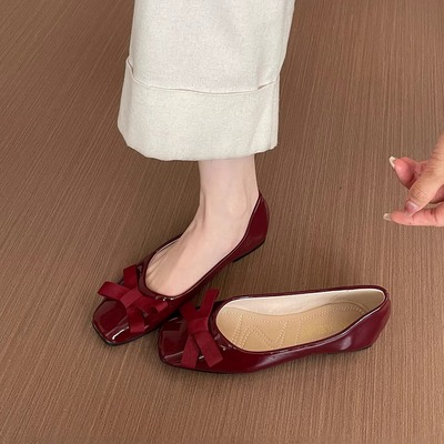 羊皮版法式小方头蝴蝶结单鞋