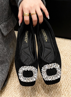 方头浅口方扣单鞋女款2025春秋季新款小个子百搭通勤黑色瓢鞋子