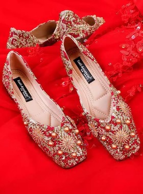 秀禾服婚鞋女中式婚礼鞋子结婚新娘鞋红色平底孕妇婚纱两穿秀禾鞋