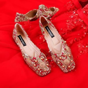 秀禾服婚鞋女中式婚礼鞋子结婚新娘鞋红色平底孕妇婚纱两穿秀禾鞋