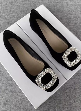 平底方头浅口单鞋女水钻方扣平跟一脚蹬通勤鞋舒适软底黑色工作鞋