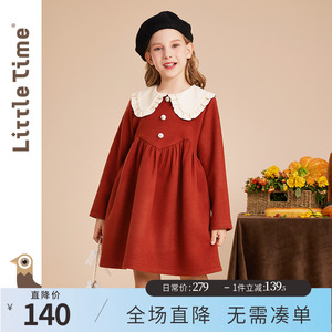 littletime女童翻领连衣裙春秋毛呢裙子2023新款秋冬儿童公主裙