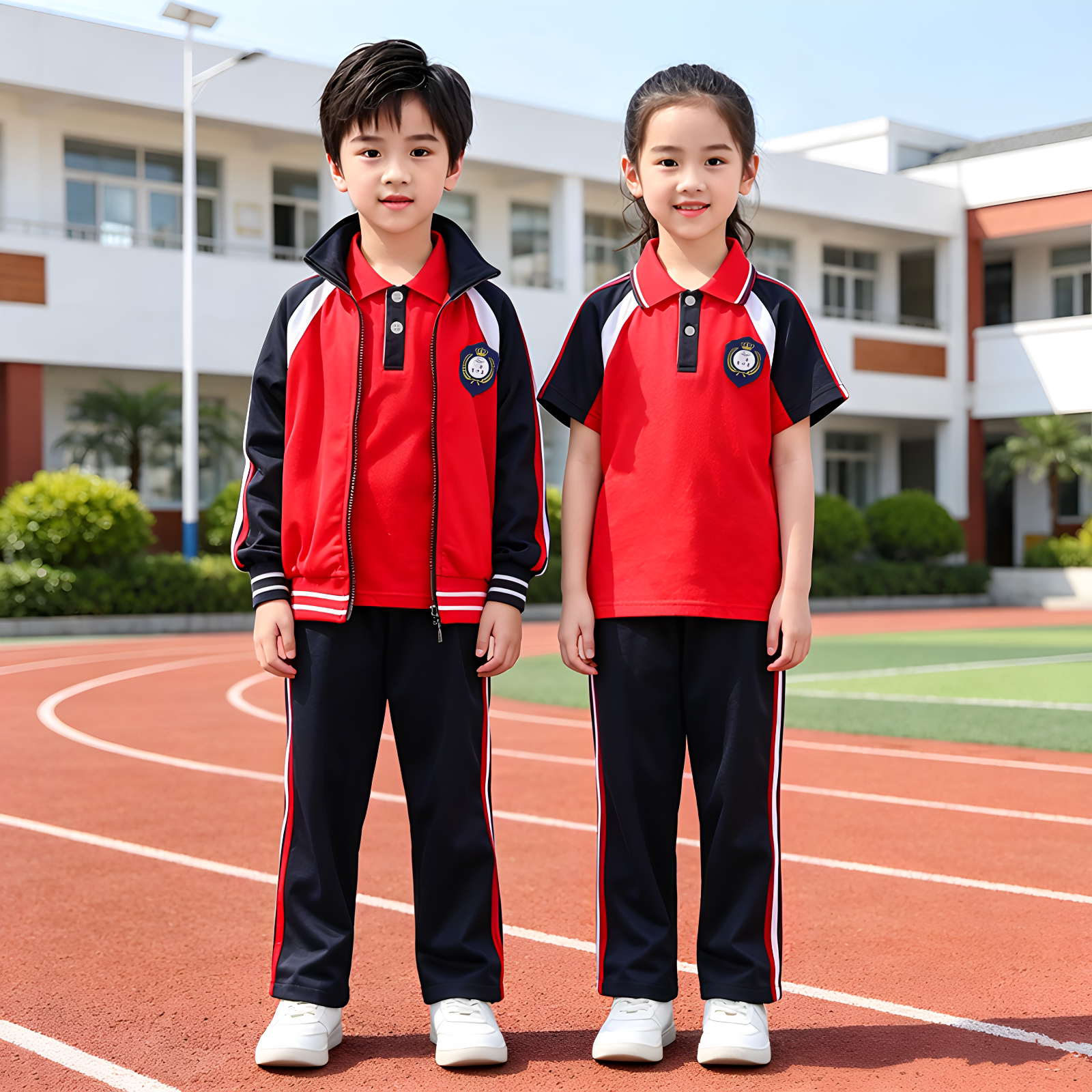 红色小学生校服春秋夏季套装幼儿园服外套短袖长裤男女开学毕业照