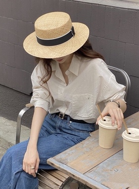 时尚博主吾小历同款韩版拉菲草平顶草帽女沙滩度假遮阳百搭草帽子