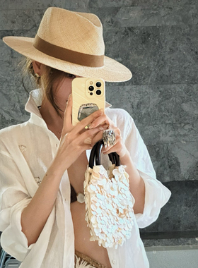 欧美春夏新款简约老钱风宝草爵士顶草帽旅游沙滩大檐防晒草帽子女