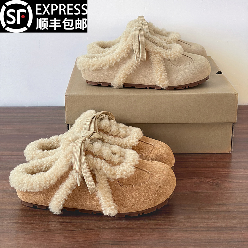 皮毛一体毛毛鞋女款外穿2025新款冬季加绒加厚保暖棉鞋平底豆豆鞋