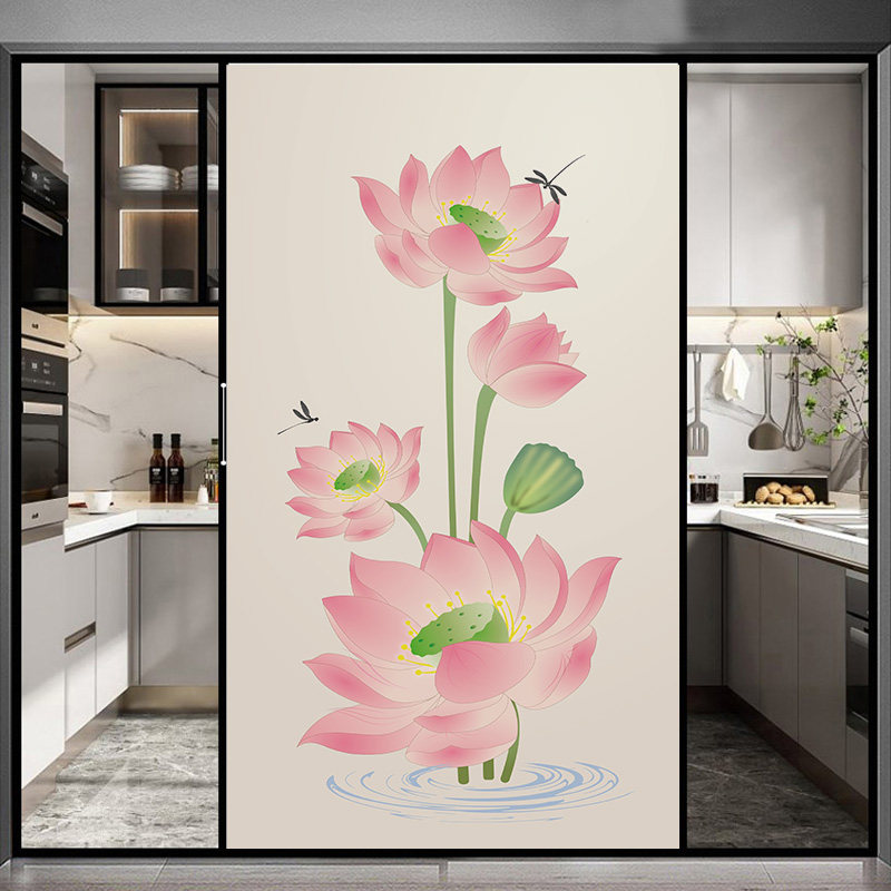 厨房推拉门玻璃贴纸高级感中式荷花透光不透明窗户防走光磨砂贴膜,家居饰品,玻璃膜/贴,淘宝优惠券,粉丝福利购,淘宝优惠卷