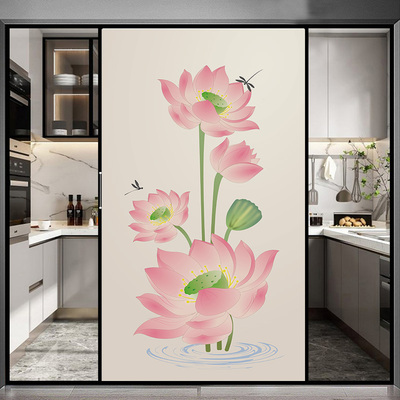 厨房推拉门玻璃贴纸高级感荷花