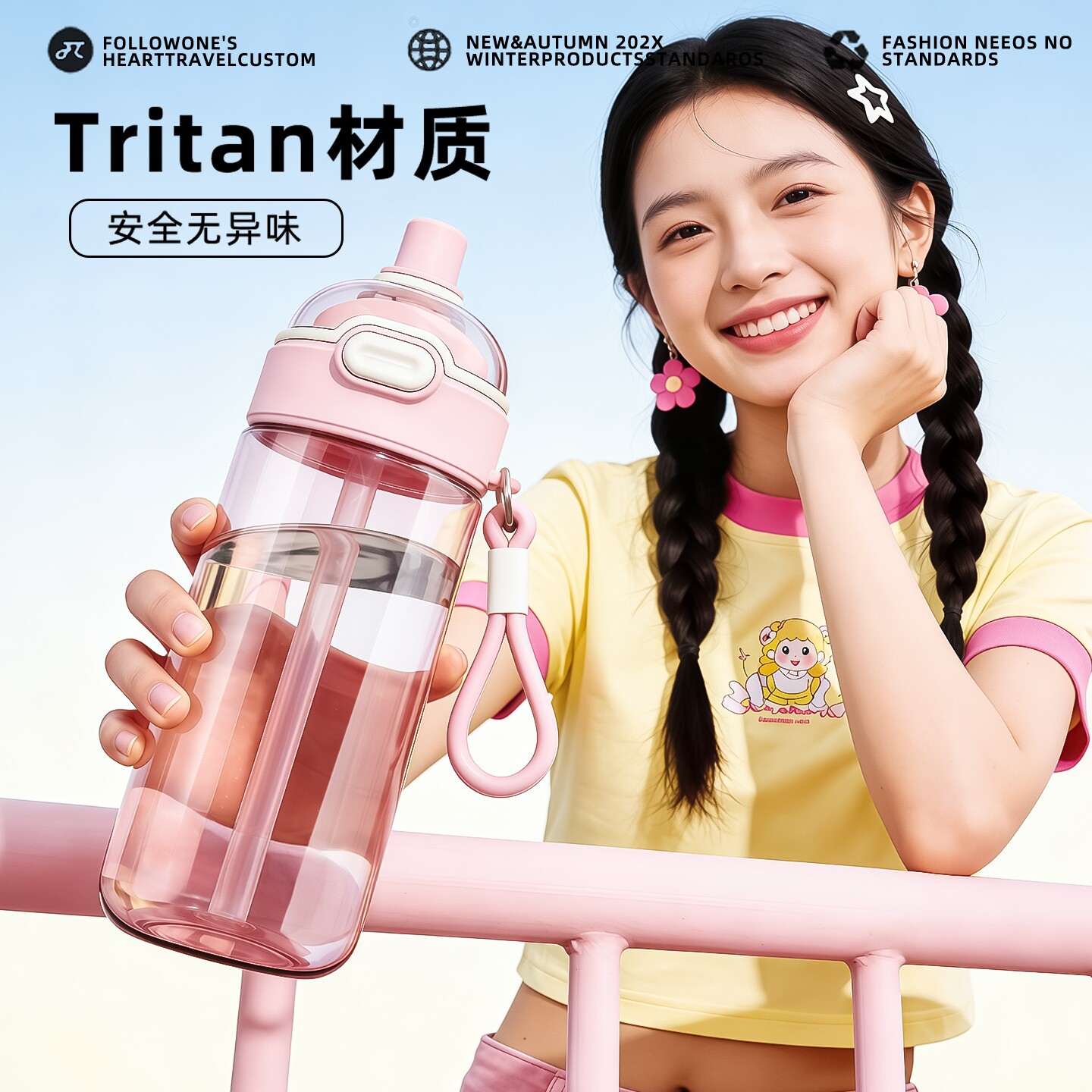 运动水杯女生高颜值Tritan材质吸管杯夏季学生上学专用大容量杯子
