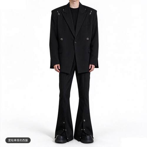 秋季单排扣休闲西服套装男高级韩版分叉设计个性宽松小西外套男12