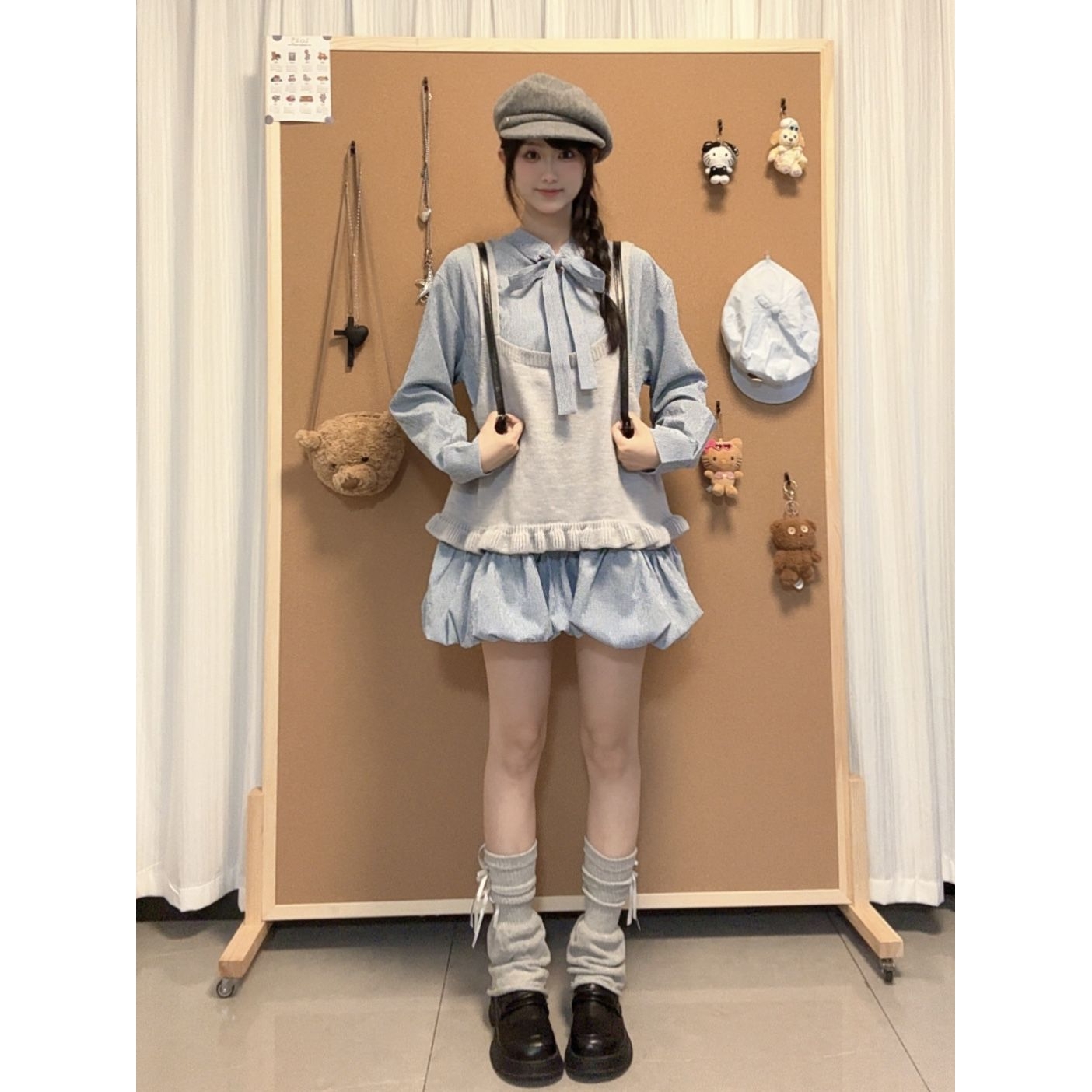 甜美韩系蝴蝶结复古衬衫裙叠穿马甲背心花苞裙女套装秋季爆款