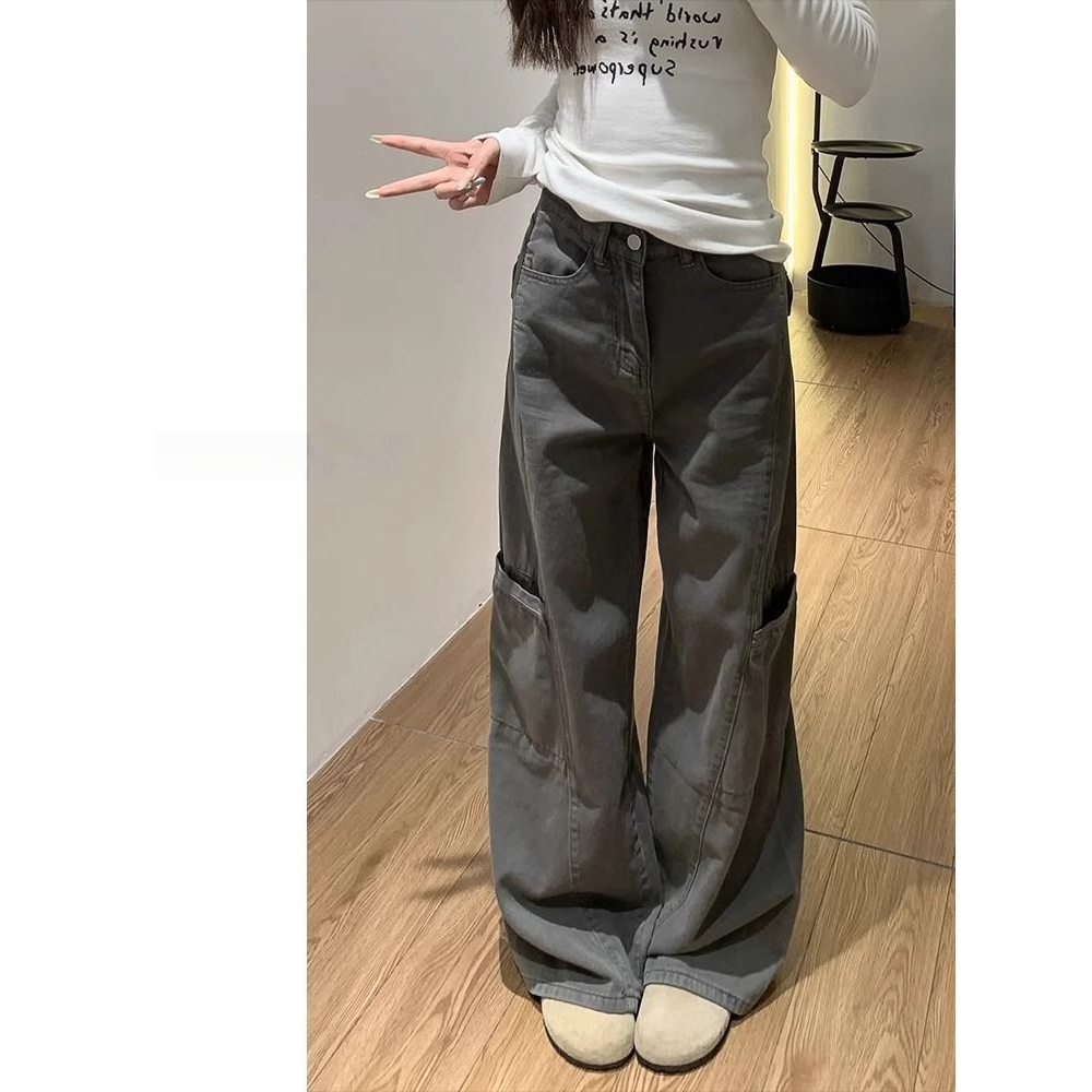 高个子加长灰色阔腿工装牛仔裤女夏季高腰宽松显瘦直筒休闲拖地裤