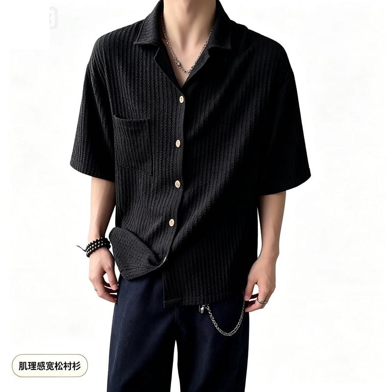老钱风肌理感领衬衫短袖男女夏季薄款宽松透气慵懒高级感翻领衬衣图片