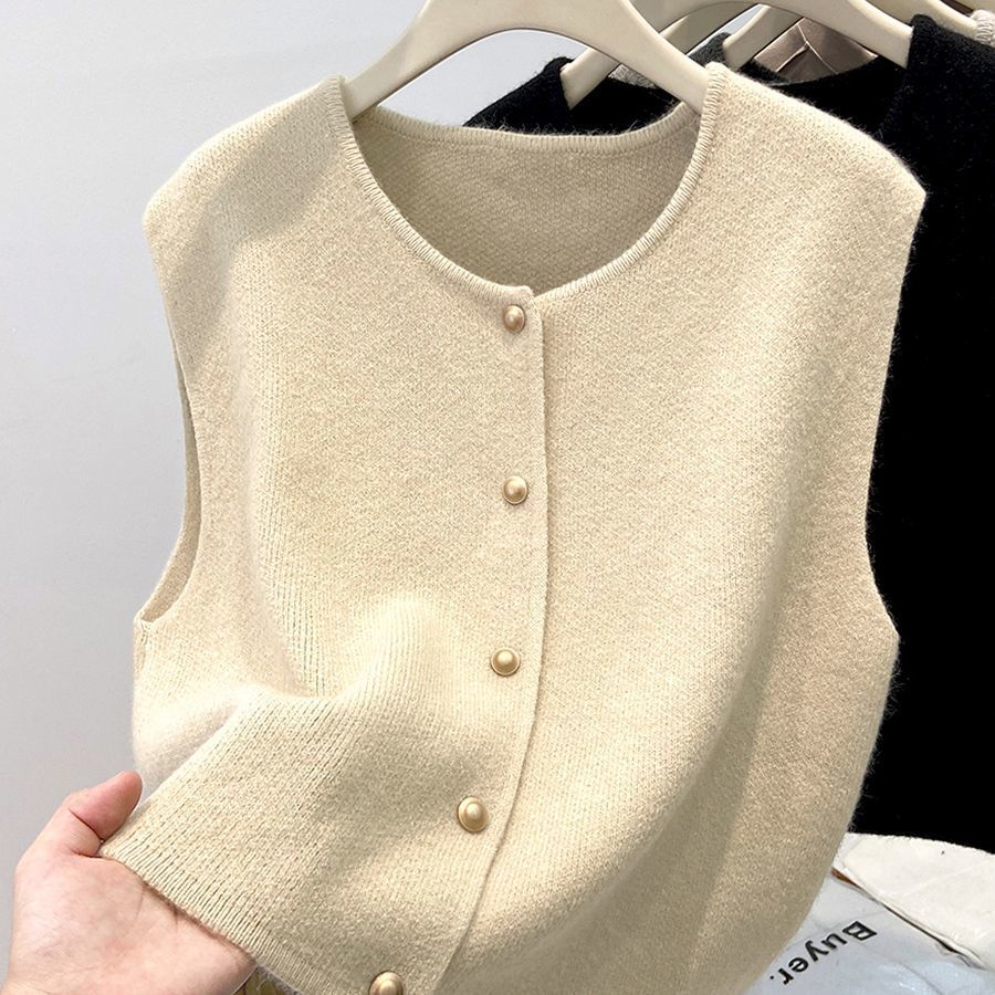 复古老钱风休闲叠穿圆领开衫马甲背心女冬季毛衣外套针织坎肩上衣