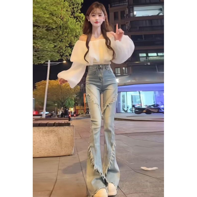 网红同款韩版新款一字领灯笼袖上衣设计感高腰毛边微喇叭裤两件套