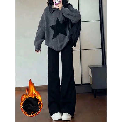 冬季加绒黑色微喇牛仔裤女2025年新款秋季低腰显瘦不贴腿喇叭长裤