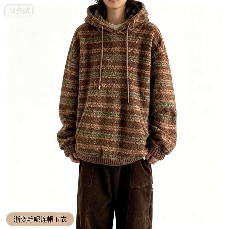 秋冬日系街头中性慵懒风渐变毛呢套头卫衣男女生廓形连帽复古外套