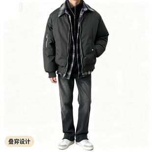 美式复古毛呢拼接假两件棉服外套男女冬季新款叠穿设计感棉衣袄子