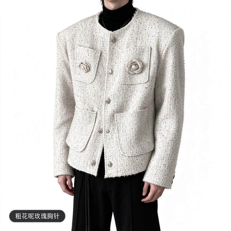紫尼兰/粗花呢玫瑰胸针白色垫肩小香风外套男冬季加厚高级感夹克