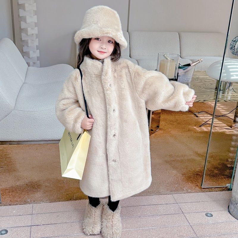 皮毛一体仿水貂毛女童仿皮草外套环保加厚洋气中长款毛毛大衣潮