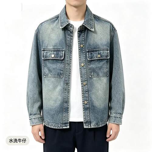 新款秋季衬衫废土牛仔外套潮流水洗翻领痞帅夹克美式复古休闲百搭