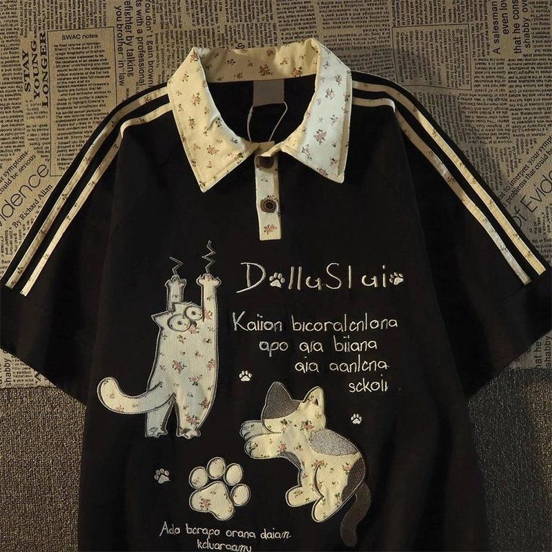 美式学院拼接设计感条杠卡通刺绣polo领短袖T恤潮牌百搭情侣上衣