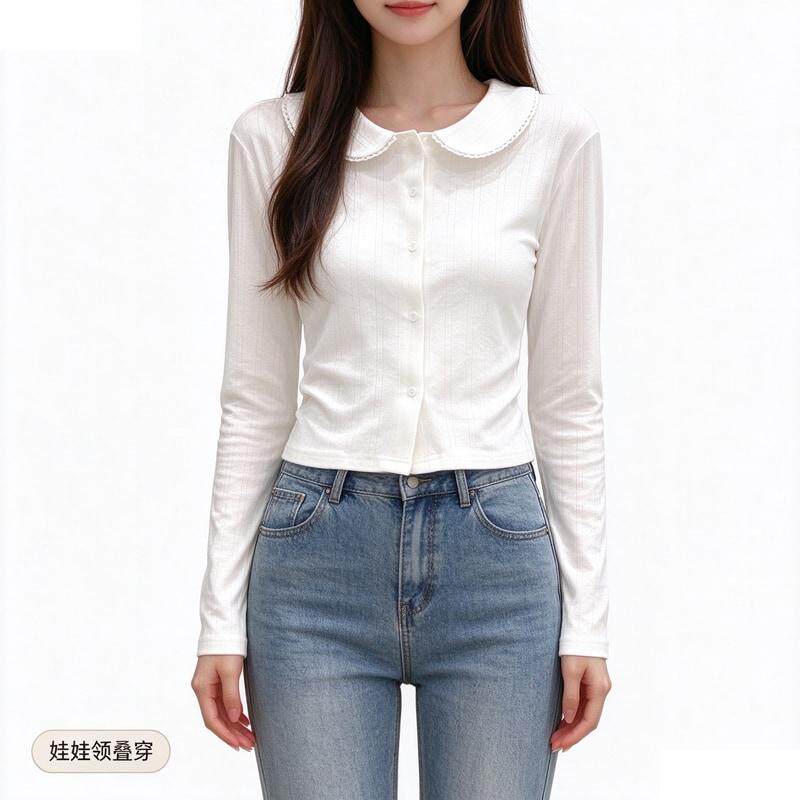 甜美纯棉娃娃领白色衬衣女秋冬季短款叠穿衬衣内搭打底衫修身上衣