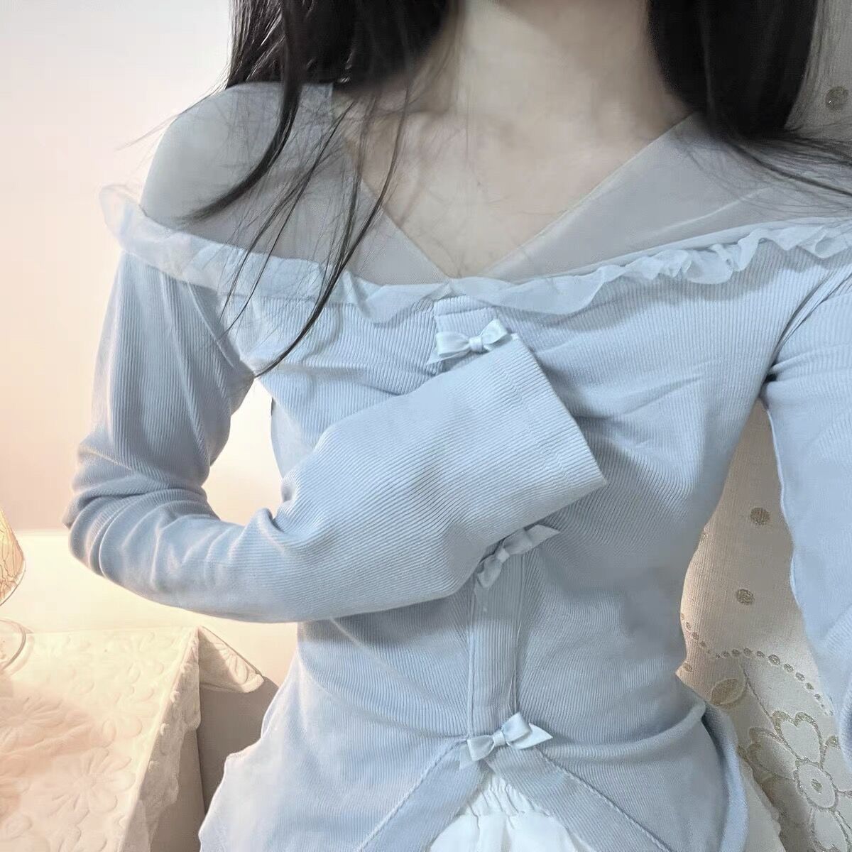 套装女2024春夏新款甜美设计感拼接长袖T恤高腰显瘦蛋糕半身裙ins