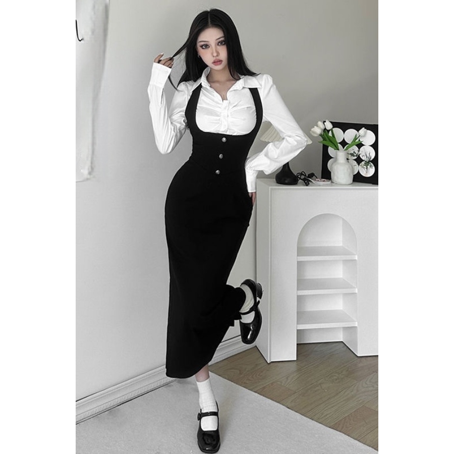 法式学院风别致褶皱翻领衬衫女外搭减龄收腰显瘦挂脖背带长款裙子