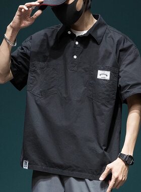 日系工装短袖衬衫男夏季新款宽松大码polo衫上衣潮流休闲男装半袖