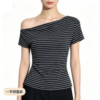 辣妹撞色条纹一字领斜角露肩设计感修身显瘦T恤春夏季短袖上衣女