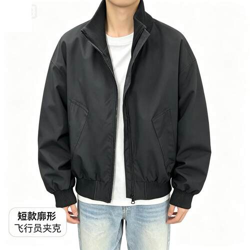 bomber藏青色短款廓形飞行员夹克男款秋季美式立领情侣外套
